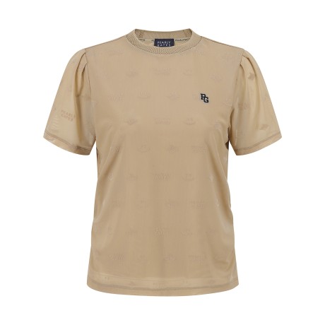 여성 스마일 로고 시스루 셔링 반팔 티셔츠