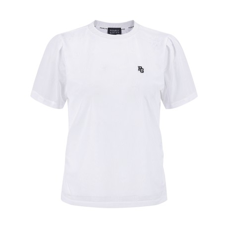 여성 스마일 로고 시스루 셔링 반팔 티셔츠