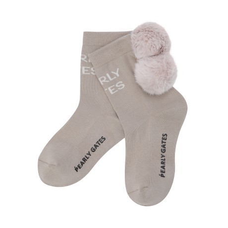 여성 탈착 폼폼 배색 로고 중목 양말