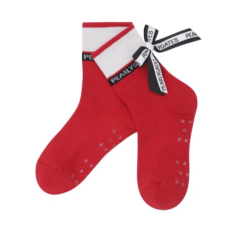 여성 배색 백 리본 논슬립 중목 양말