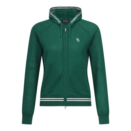 여성 배색 로고 후드 집업 니트 가디건