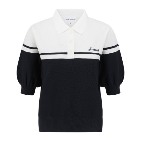 여성 잭바니 투톤 배색 와플 조직 니트