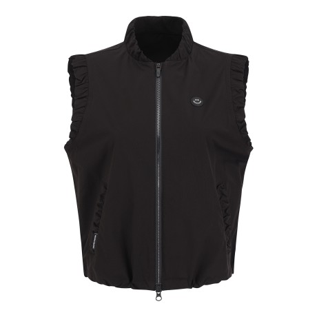 여성 스마일 패치 셔링 헴 집업 베스트