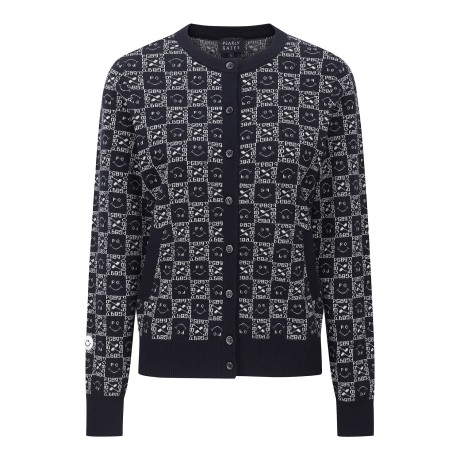 여성 로고 블록 체크 라운드넥 가디건