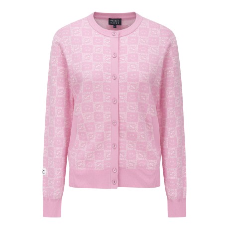 여성 로고 블록 체크 라운드넥 가디건