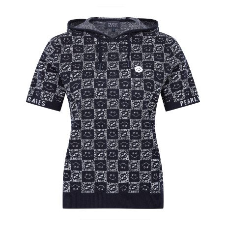 여성 스마일 블록 패턴 후드 반팔니트