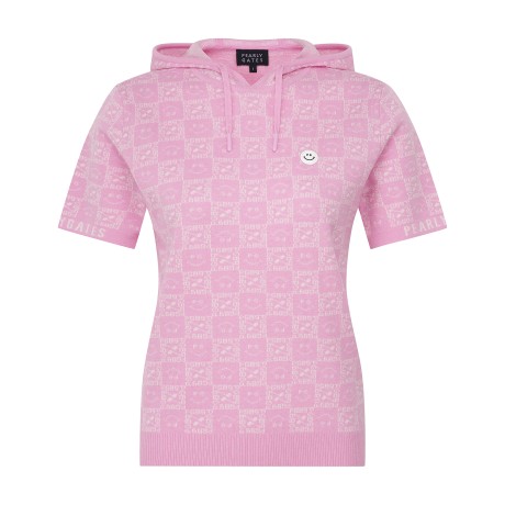 여성 스마일 블록 패턴 후드 반팔니트