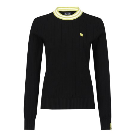 여성 백 로고 자카드 리브 긴팔니트