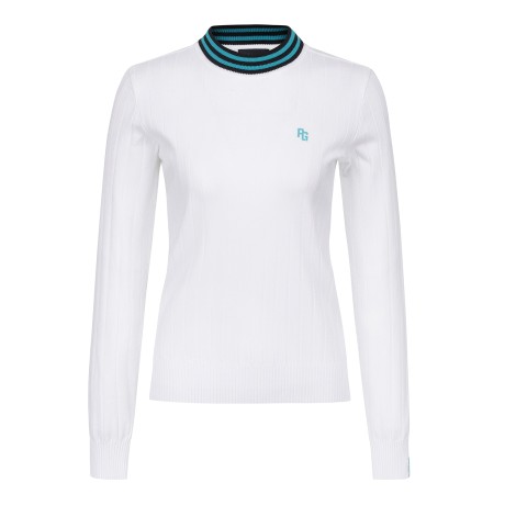 여성 백 로고 자카드 리브 긴팔니트