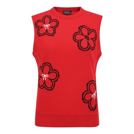 여성 리본 플라워 자카드 니트 베스트
