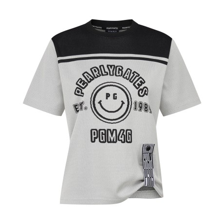 여성 스마일 자카드 배색 탭 반팔티셔츠