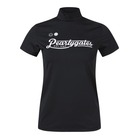 여성 스마일 모크넥 로고 레터링 반팔 티셔츠