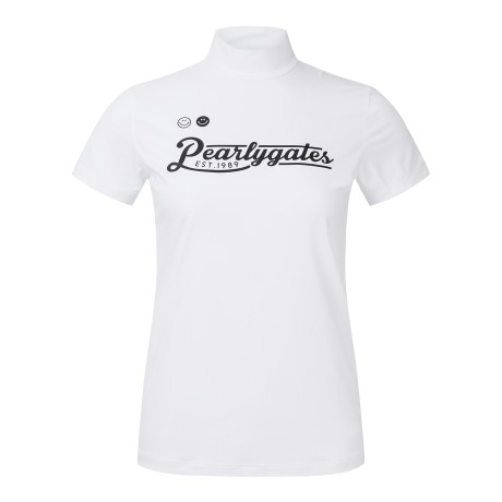 여성 스마일 모크넥 로고 레터링 반팔 티셔츠