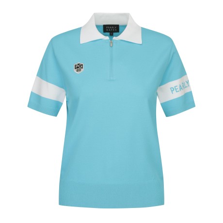 여성 하프 집업 컬러 라인 반팔 니트