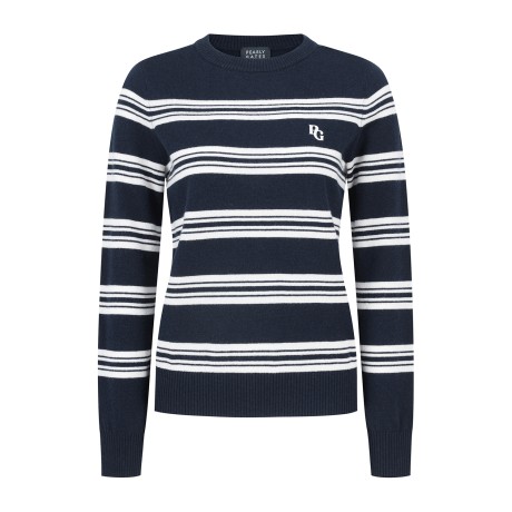 [가격인하] 공용 로고 스트라이프 라운드넥 니트