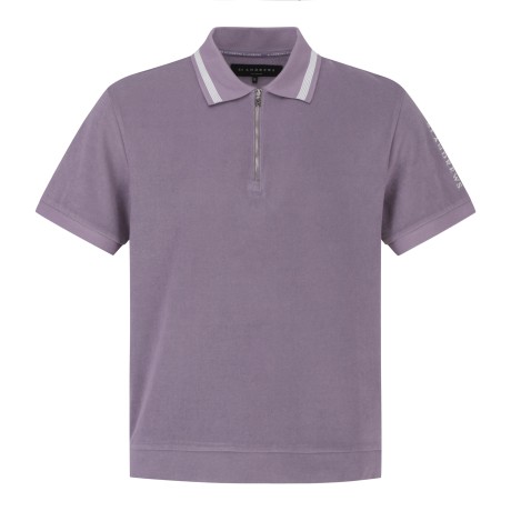 남성 니트 카라 라인 배색 테리 하프 집업 반팔 티셔츠