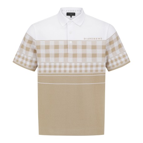 남성 체크 믹스 냉감 로고 프린트 카라 반팔 니트