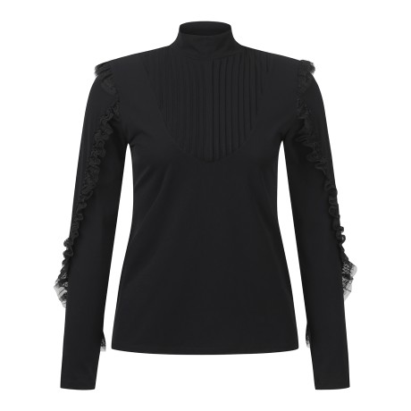 여성 프릴 레이스 디테일 긴팔 티셔츠
