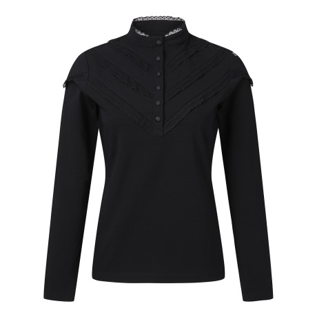 여성 아일렛 레이스 스탠드 카라 긴팔 티셔츠