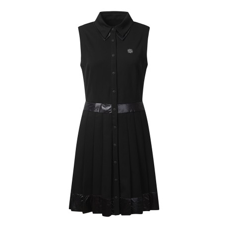 여성 우븐 패치 카라 플리츠 원피스