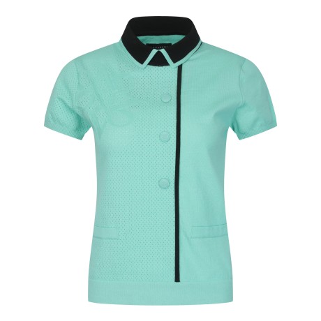 여성 믹스 조직 배색 카라 심볼 니트