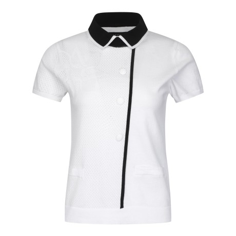 여성 믹스 조직 배색 카라 심볼 니트