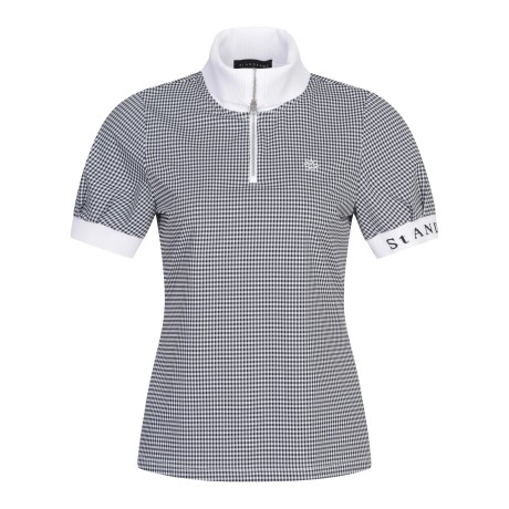 여성 잔체크 배색 니트 윙카라 하프 집업 반팔 티셔츠