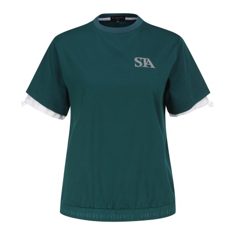 여성 우븐 배색 스트링 라운드 반팔 티셔츠