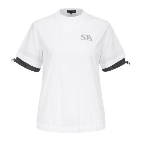 여성 우븐 배색 스트링 라운드 반팔 티셔츠