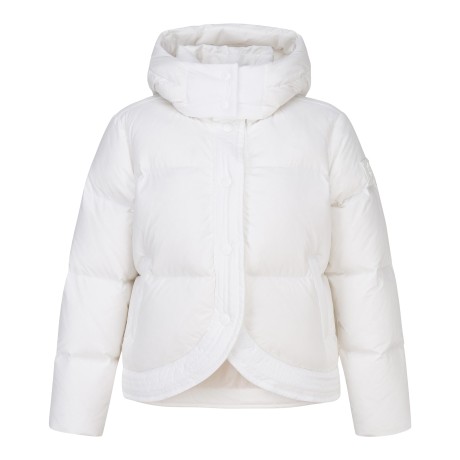 여성 별 심볼 레더 패치 튤립 후드 다운 점퍼