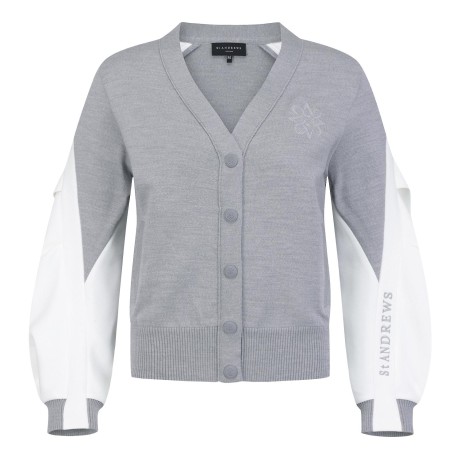 여성 로고 자수 슬리브 배색 니트 가디건