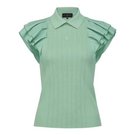 여성 프릴 블록 칼라 골조직 니트