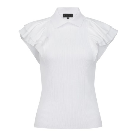 여성 프릴 블록 칼라 골조직 니트