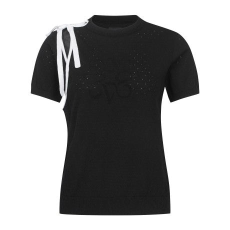 여성 배색 스트랩 타공 반팔 니트