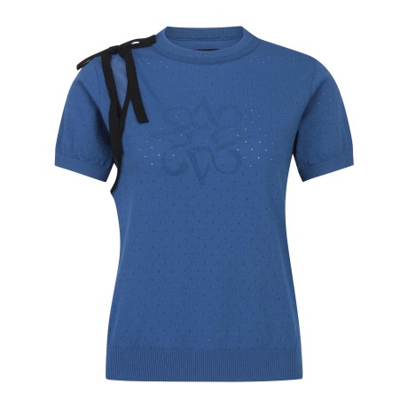 여성 배색 스트랩 타공 반팔 니트