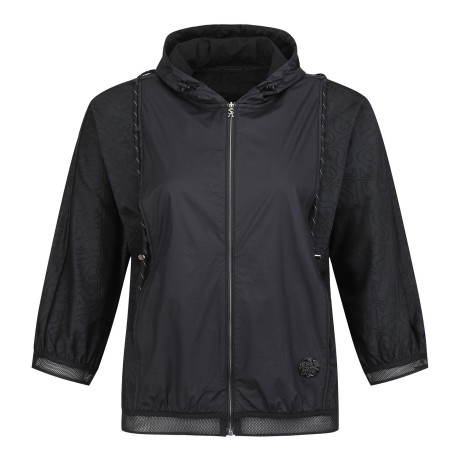 여성 우븐 믹스 로고 패턴 후드 탑