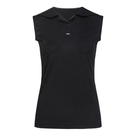 여성 로고 패턴 오픈 칼라 슬리브리스 탑