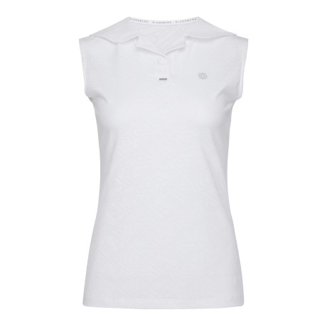 여성 로고 패턴 오픈 칼라 슬리브리스 탑