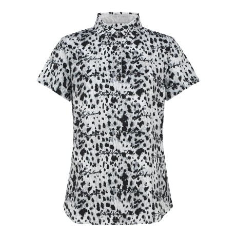 여성 레터링 레오파드 칼라 반팔 티셔츠