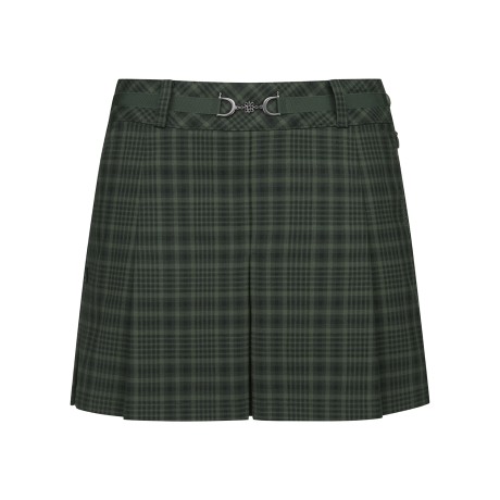 여성 벨트 장식 체크 플리츠 큐롯 스커트