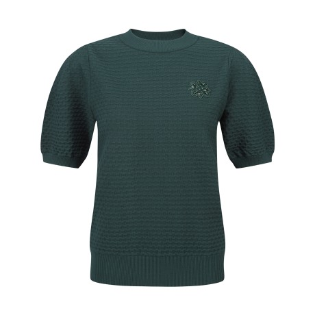 여성 엠보 패턴 퍼프 소매 반팔 니트