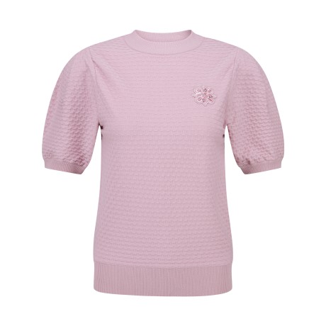 여성 엠보 패턴 퍼프 소매 반팔 니트