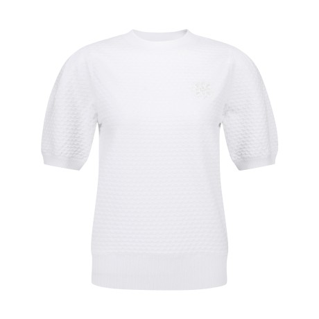 여성 엠보 패턴 퍼프 소매 반팔 니트