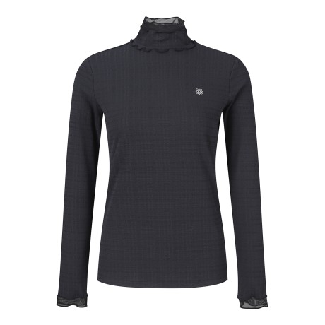 여성 튤 블록 프릴넥 조직감 티셔츠