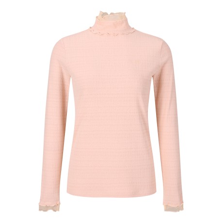 여성 튤 블록 프릴넥 조직감 티셔츠