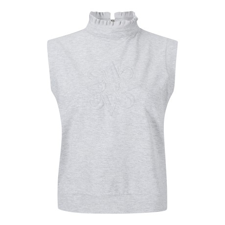 여성 니팅 프릴넥 별 심볼 슬리브리스 탑