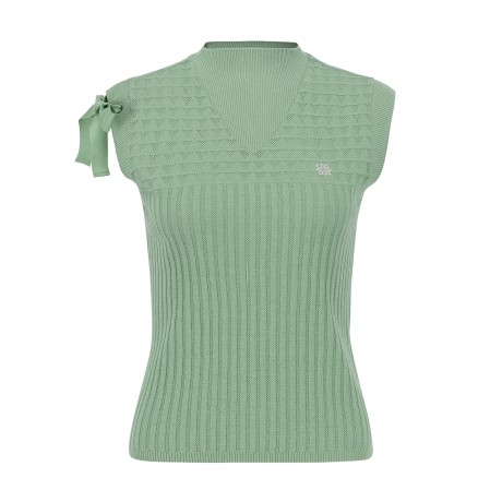 여성 사이드 리본 조직감 슬리브리스 니트