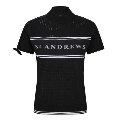 여성 우븐 블록 로고 타공 반팔 니트