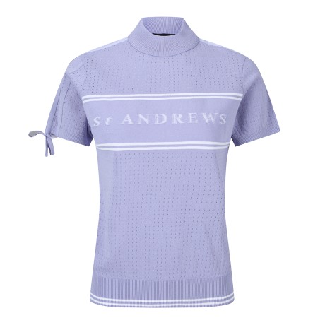 여성 우븐 블록 로고 타공 반팔 니트