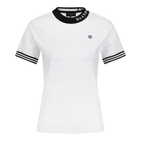 여성 로고넥 입체 스트라이프 반팔 니트